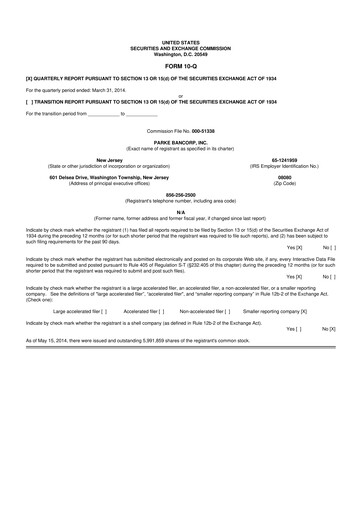Thumbnail Parke Bancorp 10-Q Quarterly Report FY2014 