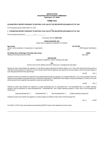 Thumbnail Parke Bancorp 10-Q Quarterly Report FY2015 