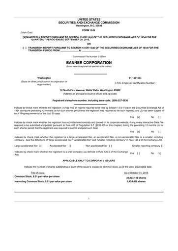 Thumbnail Banner Bank
 10-Q Quarterly Report FY2015 