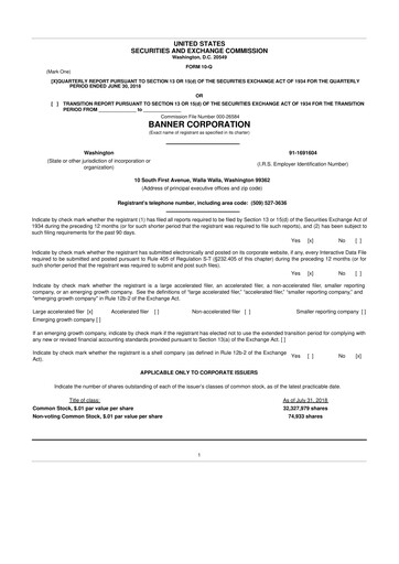 Thumbnail Banner Bank
 10-Q Quarterly Report FY2018 