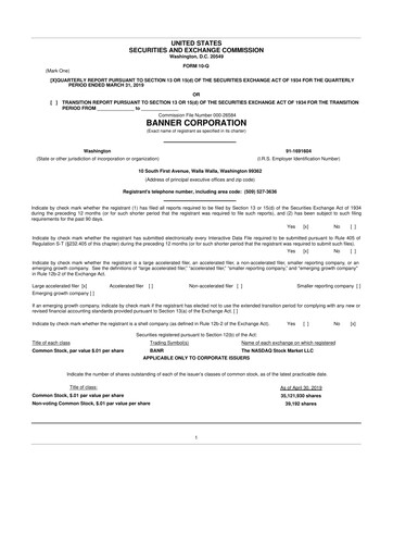 Thumbnail Banner Bank
 10-Q Quarterly Report FY2019 