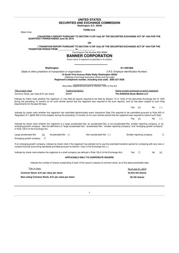 Thumbnail Banner Bank
 10-Q Quarterly Report FY2019 