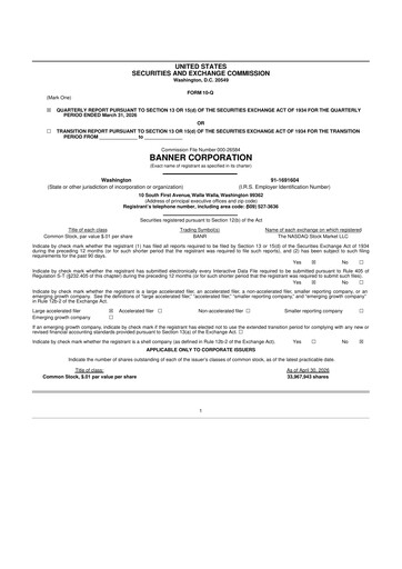 Thumbnail Banner Bank
 10-Q Quarterly Report FY 