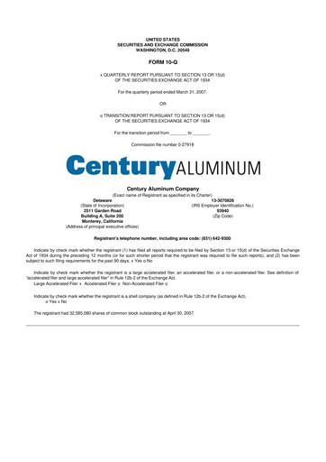 Miniature Century Aluminum
 10-Q Rapport trimestriel  