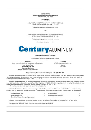 Miniature Century Aluminum
 10-Q Rapport trimestriel  