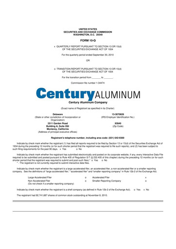Miniature Century Aluminum
 10-Q Rapport trimestriel  