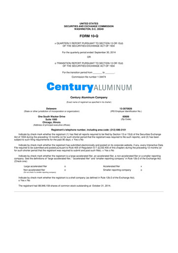 Miniature Century Aluminum
 10-Q Rapport trimestriel 2014 