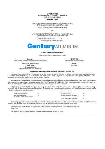 Miniature Century Aluminum
 10-Q Rapport trimestriel 2018 