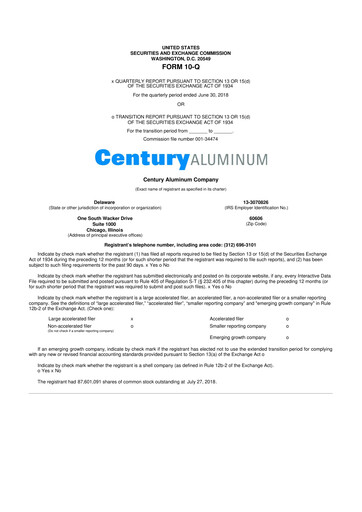 Miniature Century Aluminum
 10-Q Rapport trimestriel 2018 