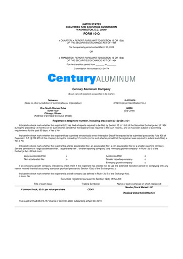 Miniature Century Aluminum
 10-Q Rapport trimestriel 2019 
