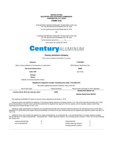 Miniature Century Aluminum
 10-Q Rapport trimestriel 2019 