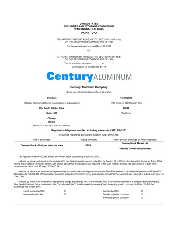 Miniature Century Aluminum
 10-Q Rapport trimestriel 2020 