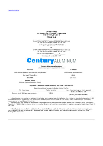 Miniature Century Aluminum
 10-Q Rapport trimestriel 2024 