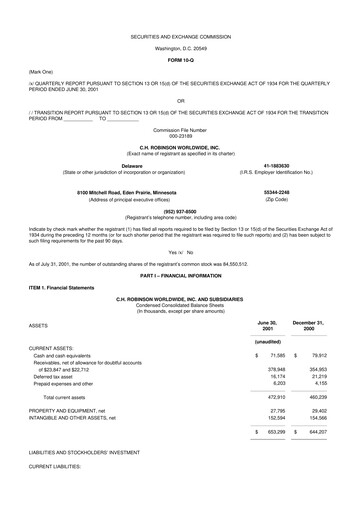 Thumbnail C. H. Robinson 10-Q Quarterly Report FY 