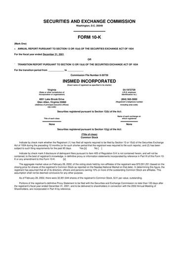 Thumbnail Insmed 10-K Annual Report 2001