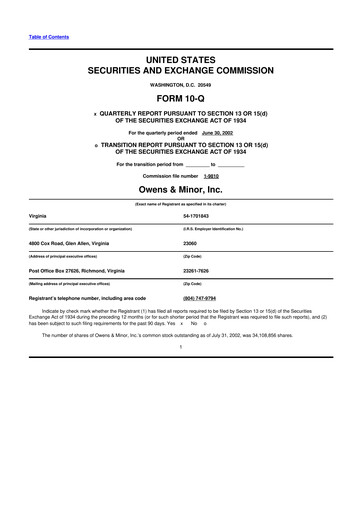 Thumbnail Owens & Minor

 10-Q Quarterly Report FY 