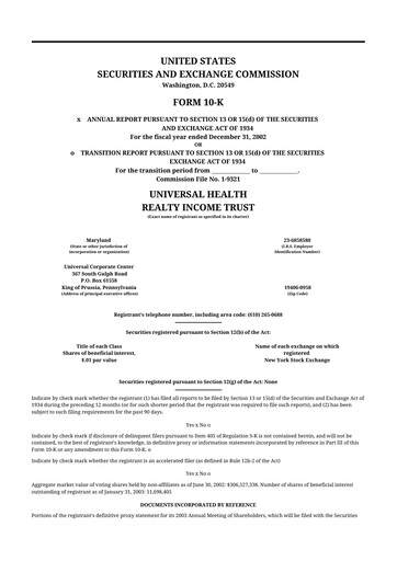 Thumbnail Universal Health Realty Income Trust 10-K Annual Report 
