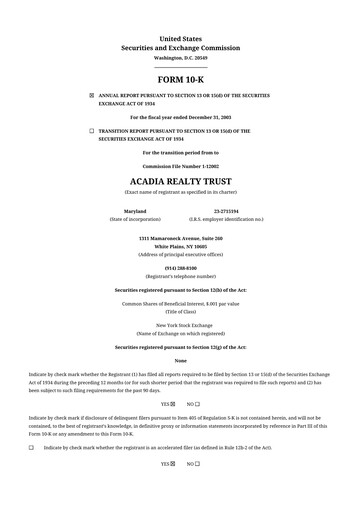 Thumbnail Acadia Realty Trust
 10-K Annual Report 