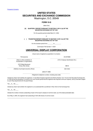 Miniature Universal Display Corporation
 10-Q Rapport trimestriel  