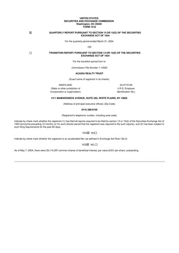 Thumbnail Acadia Realty Trust
 10-Q Quarterly Report FY 