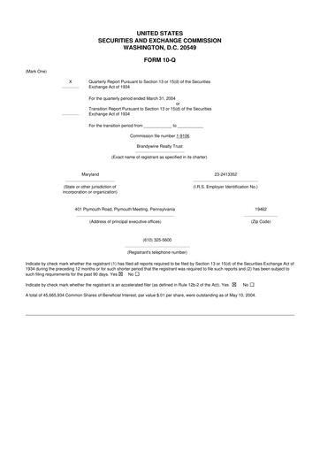 Thumbnail Brandywine Realty Trust
 10-Q Quarterly Report FY 