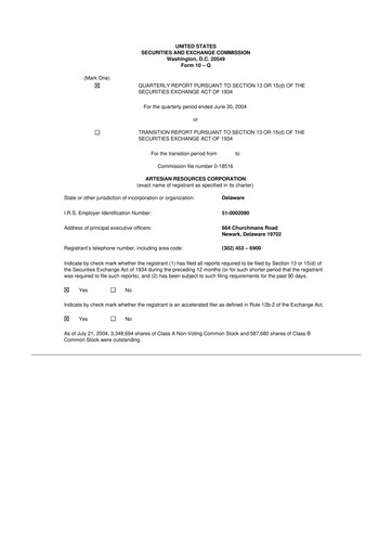 Thumbnail Artesian Resources 10-Q Quarterly Report FY 