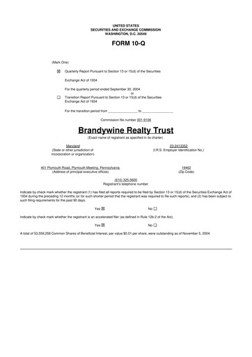 Thumbnail Brandywine Realty Trust
 10-Q Quarterly Report FY 