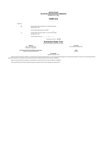 Thumbnail Brandywine Realty Trust
 10-Q Quarterly Report FY 