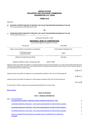 Miniature Universal Display Corporation
 10-Q Rapport trimestriel  