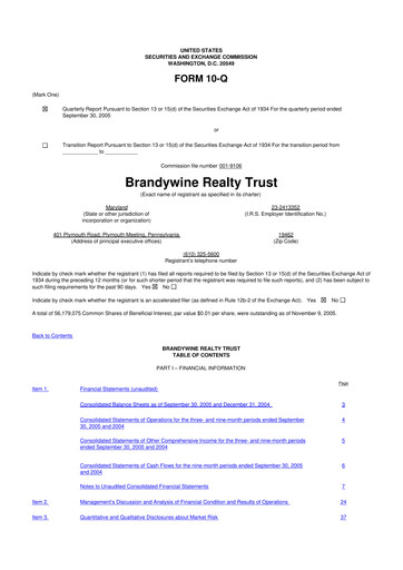 Thumbnail Brandywine Realty Trust
 10-Q Quarterly Report FY 