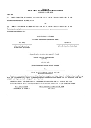 Thumbnail Becton Dickinson 10-Q Quarterly Report FY 