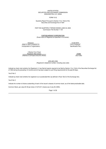 Miniature Curtiss-Wright
 10-Q Rapport trimestriel  