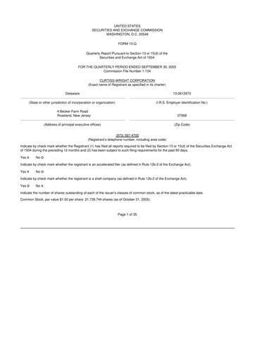 Miniature Curtiss-Wright
 10-Q Rapport trimestriel  