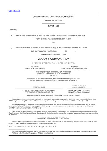 Thumbnail Moody's 10-K Annual Report 2001