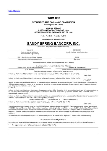 Thumbnail Sandy Spring Bank 10-K Annual Report 