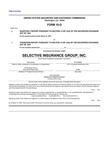 Thumbnail Selective Insurance 10-Q Quarterly Report FY 