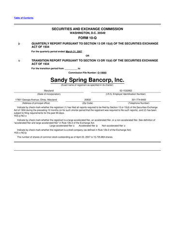 Thumbnail Sandy Spring Bank 10-Q Quarterly Report FY 