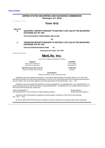 Thumbnail MetLife 10-Q Quarterly Report FY 