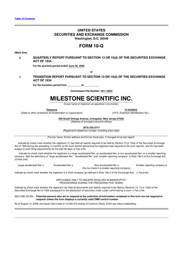 Thumbnail Milestone Scientific 10-Q Quarterly Report FY 