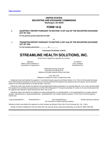 Thumbnail Streamline Health Solutions 10-Q Quarterly Report FY 