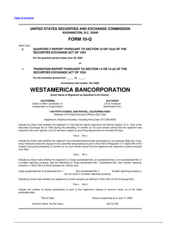 Thumbnail Westamerica Bancorporation
 10-Q Quarterly Report FY 