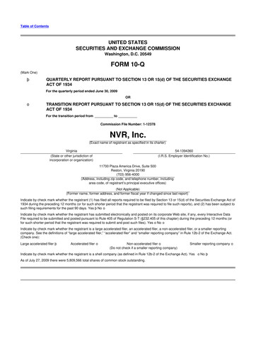 Miniature NVR 10-Q Rapport trimestriel  