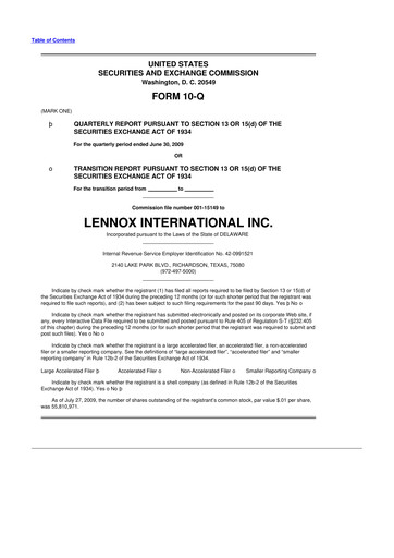 Miniature Lennox 10-Q Rapport trimestriel  