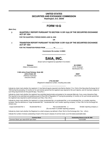 Thumbnail Saia
 10-Q Quarterly Report FY 