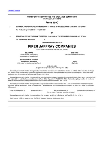 Miniature Piper Sandler
 10-Q Rapport trimestriel  