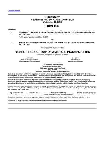 Miniature Reinsurance Group of America
 10-Q Rapport trimestriel  