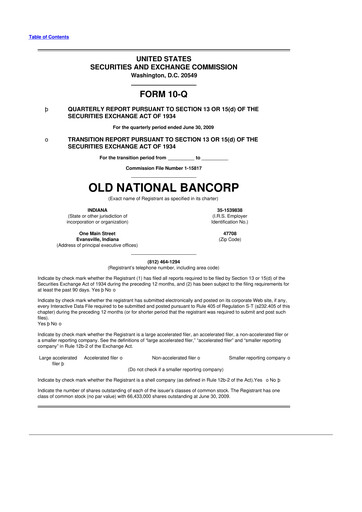 Thumbnail Old National Bank
 10-Q Quarterly Report FY 