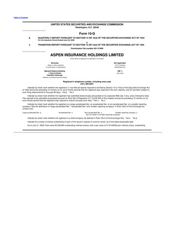 Thumbnail Aspen Insurance 10-Q Quarterly Report FY 