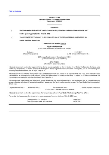 Miniature Vicor
 10-Q Rapport trimestriel  