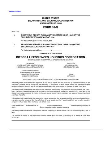 Thumbnail Integra LifeSciences 10-Q Quarterly Report FY 